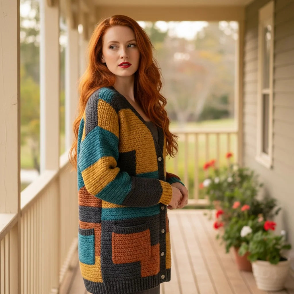 color block crochet cardigan oversized boho knit sweater women