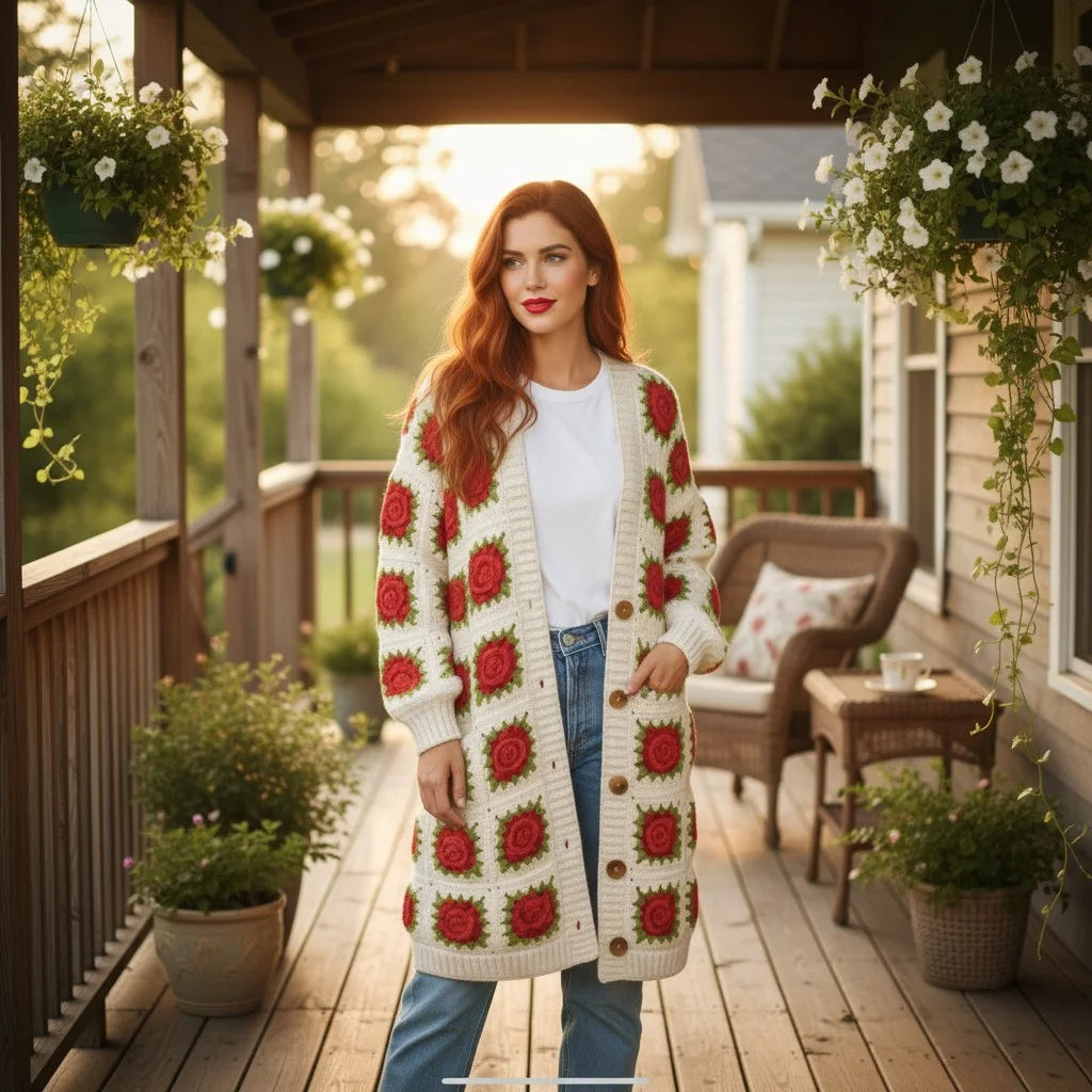 crochet cardigan women floral granny square long knit