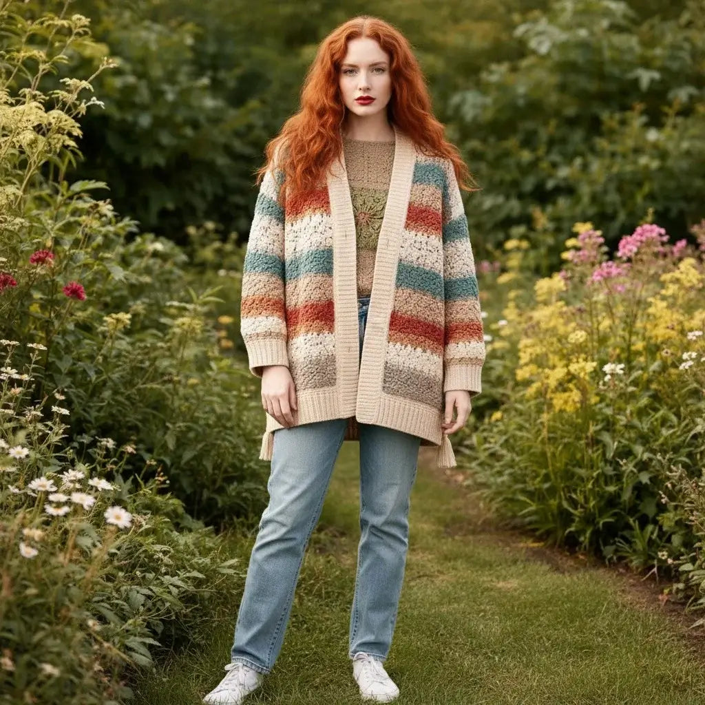 crochet cardigan women striped boho knit oversized sweater