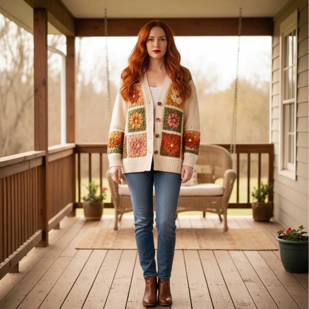 granny square cardigan floral crochet knit sweater women