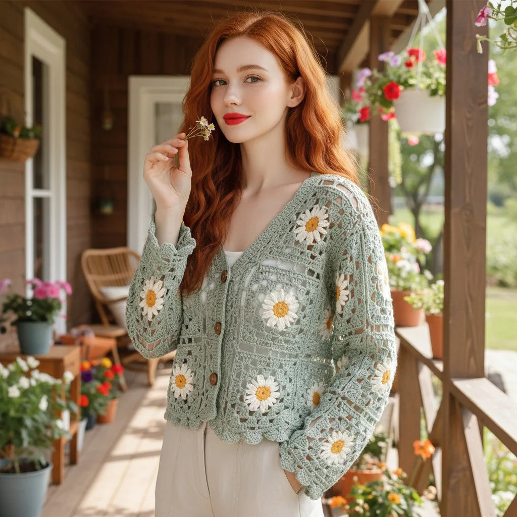 floral crochet cardigan daisy knit boho sweater women
