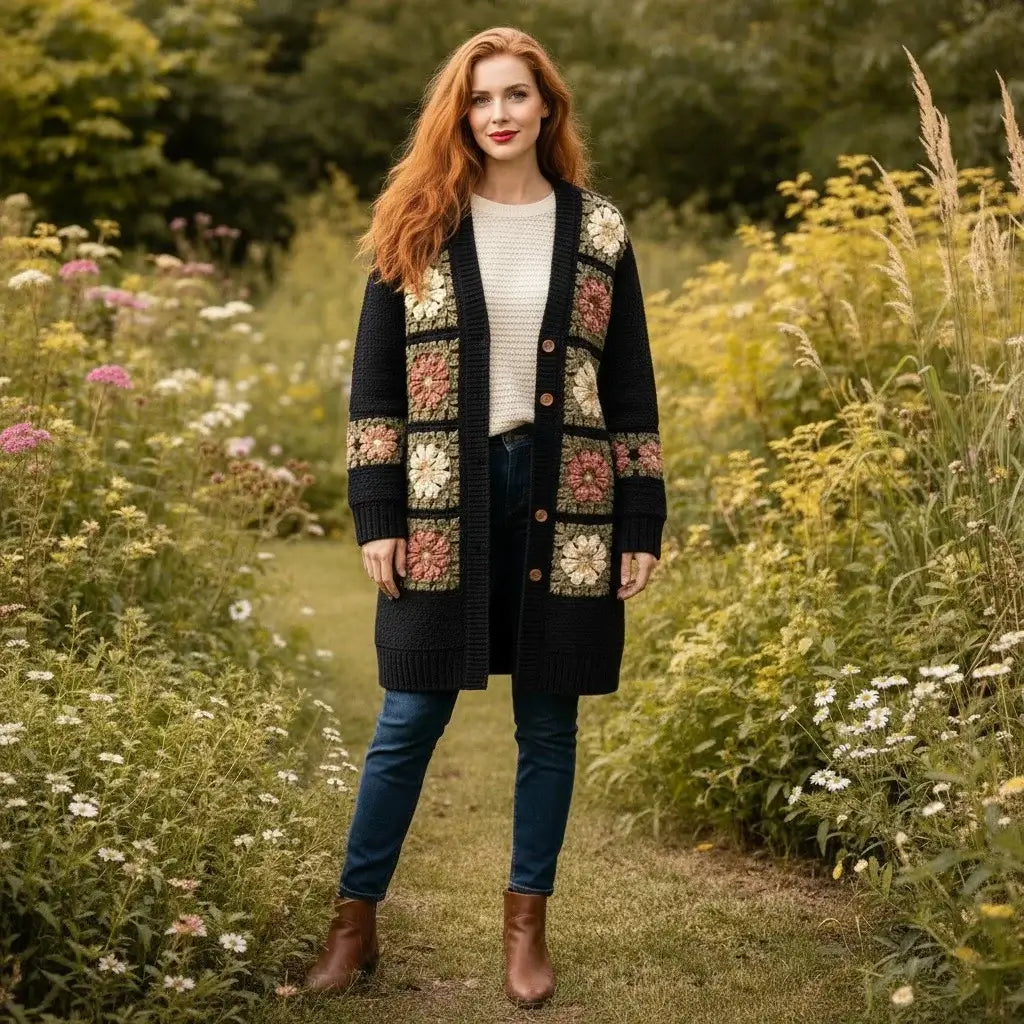 crochet cardigan women floral long boho knit sweater