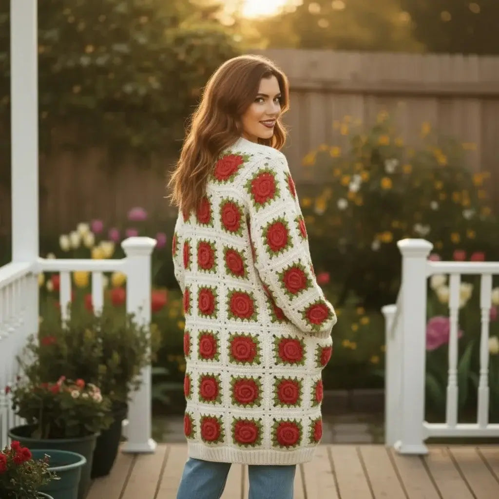 crochet cardigan women floral granny square long knit