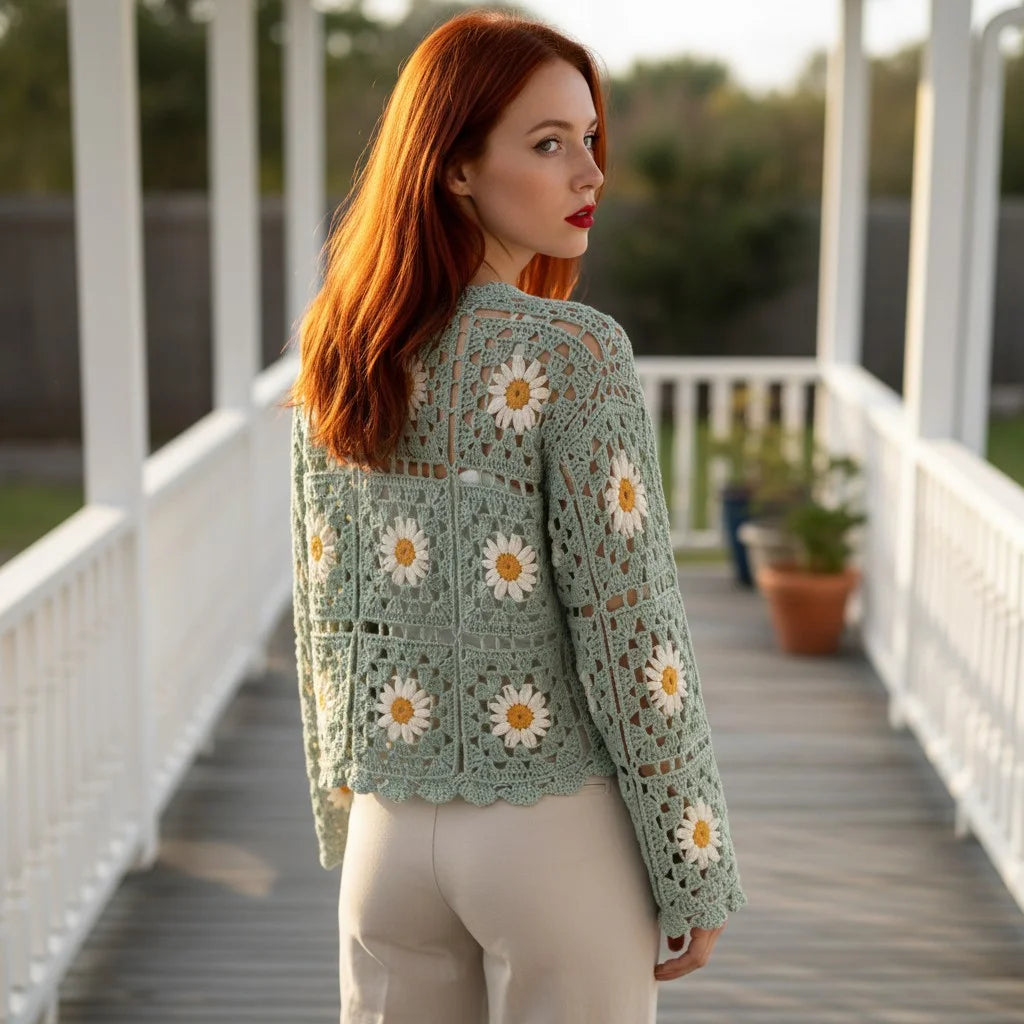 floral crochet cardigan daisy knit boho sweater women