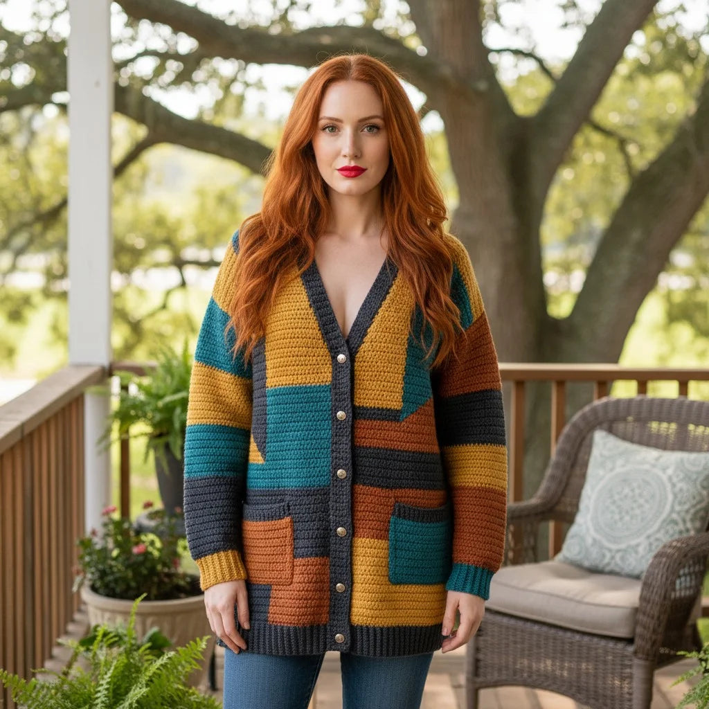 color block crochet cardigan oversized boho knit sweater women
