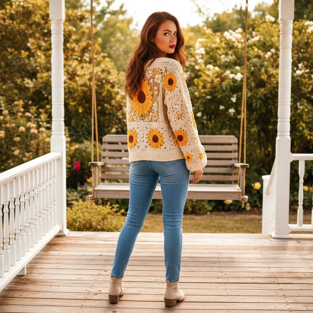 crochet cardigan women daisy floral boho knit