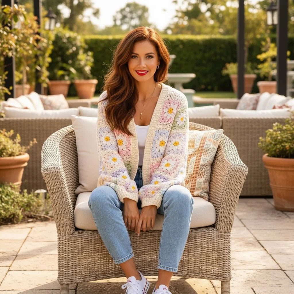 Daisy Crochet Cardigan – Women Handmade Floral Knit Sweater Outerwear