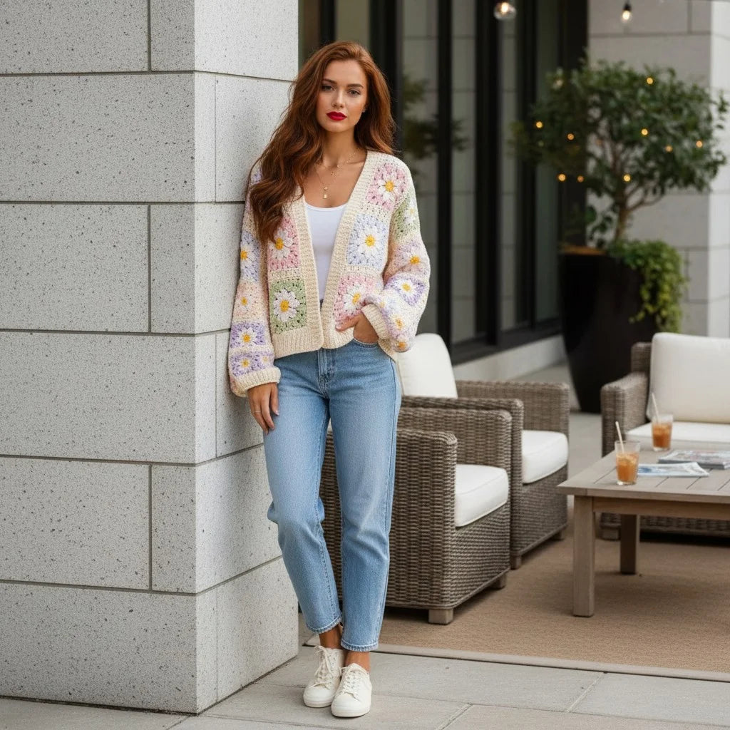Daisy Crochet Cardigan – Women Handmade Floral Knit Sweater Outerwear