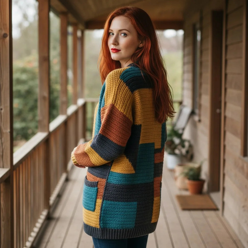 color block crochet cardigan oversized boho knit sweater women
