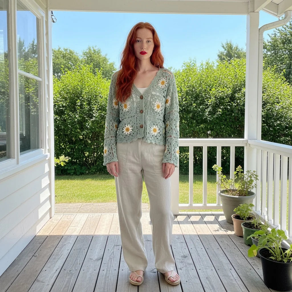 floral crochet cardigan daisy knit boho sweater women