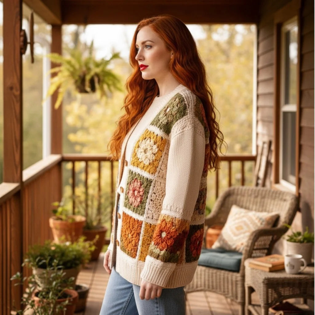 granny square cardigan floral crochet knit sweater women