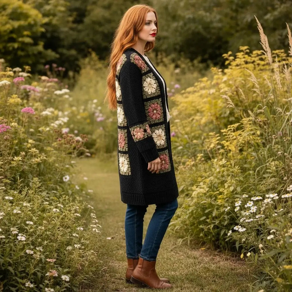 crochet cardigan women floral long boho knit sweater