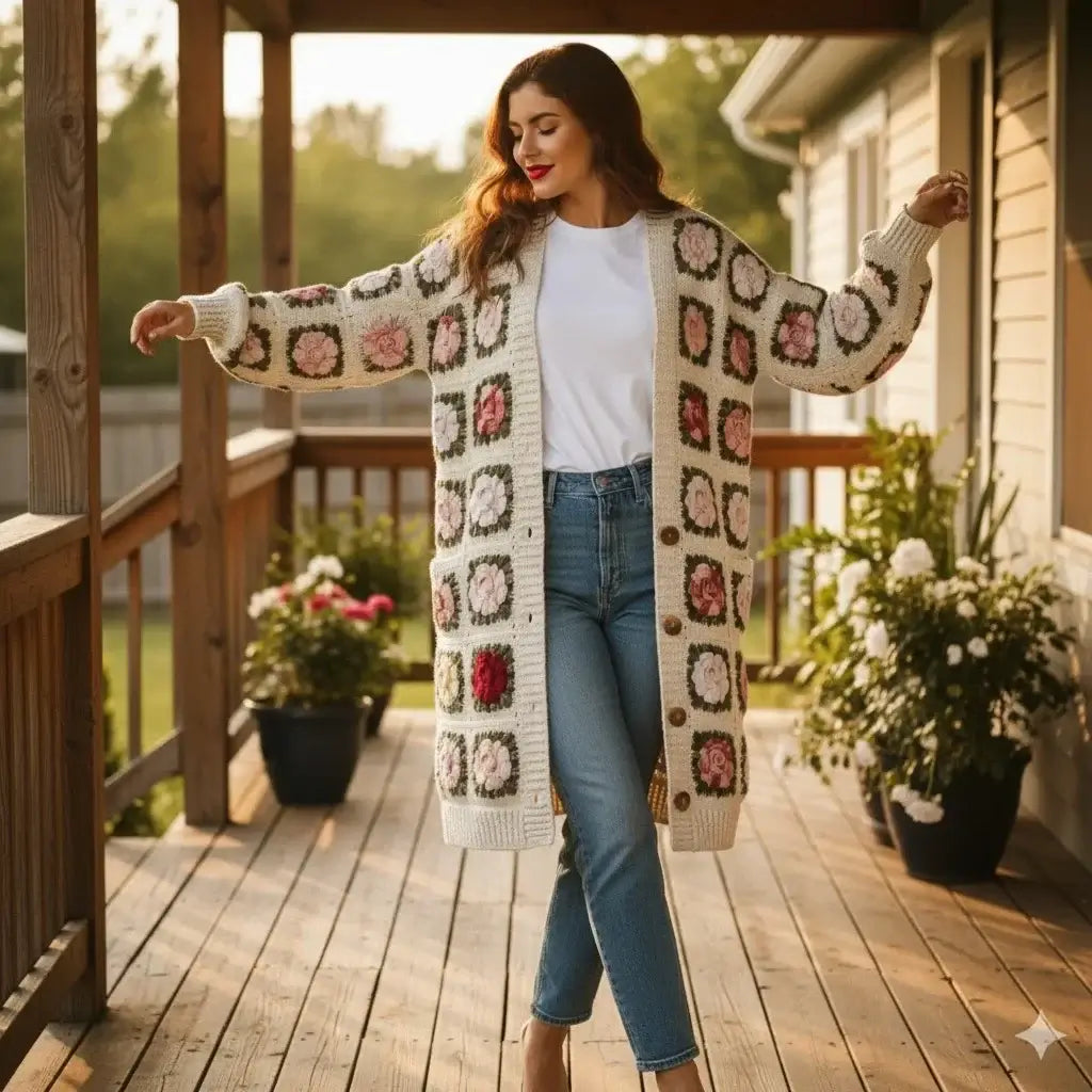 crochet cardigan women floral granny square long knit