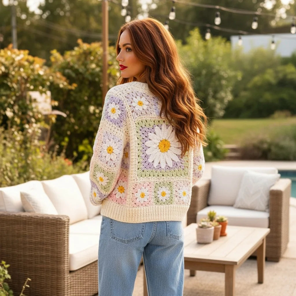 Daisy Crochet Cardigan on a model outdoors, showcasing floral patterns and soft knit design in natural light.