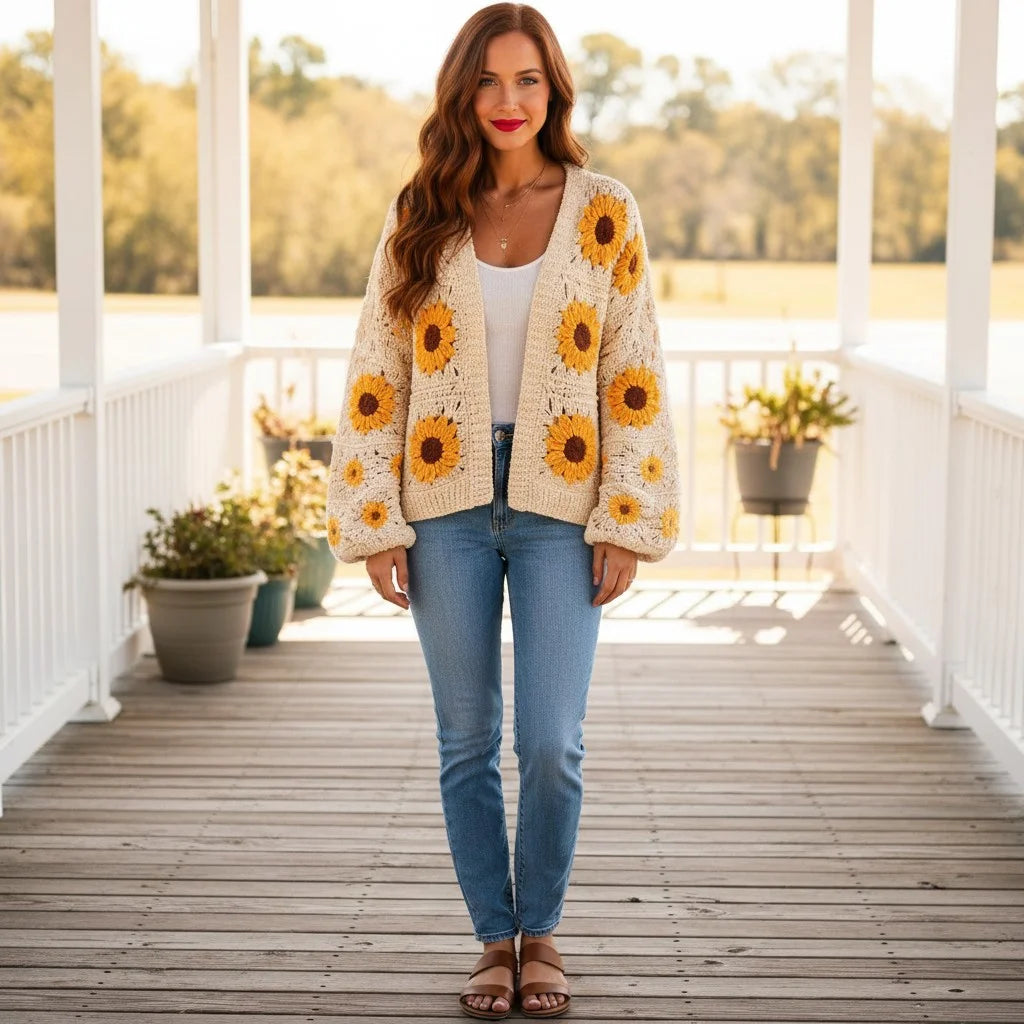 Woman wearing a crochet cardigan women with sunflower patterns, styled with jeans on a porch.