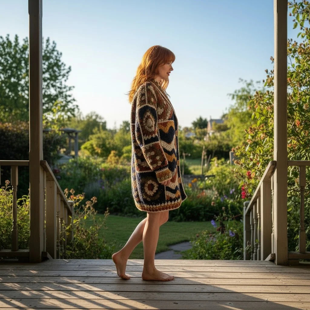 Woman wearing a crochet cardigan women standing on a porch, showcasing a boho knit oversized pattern sweater.
