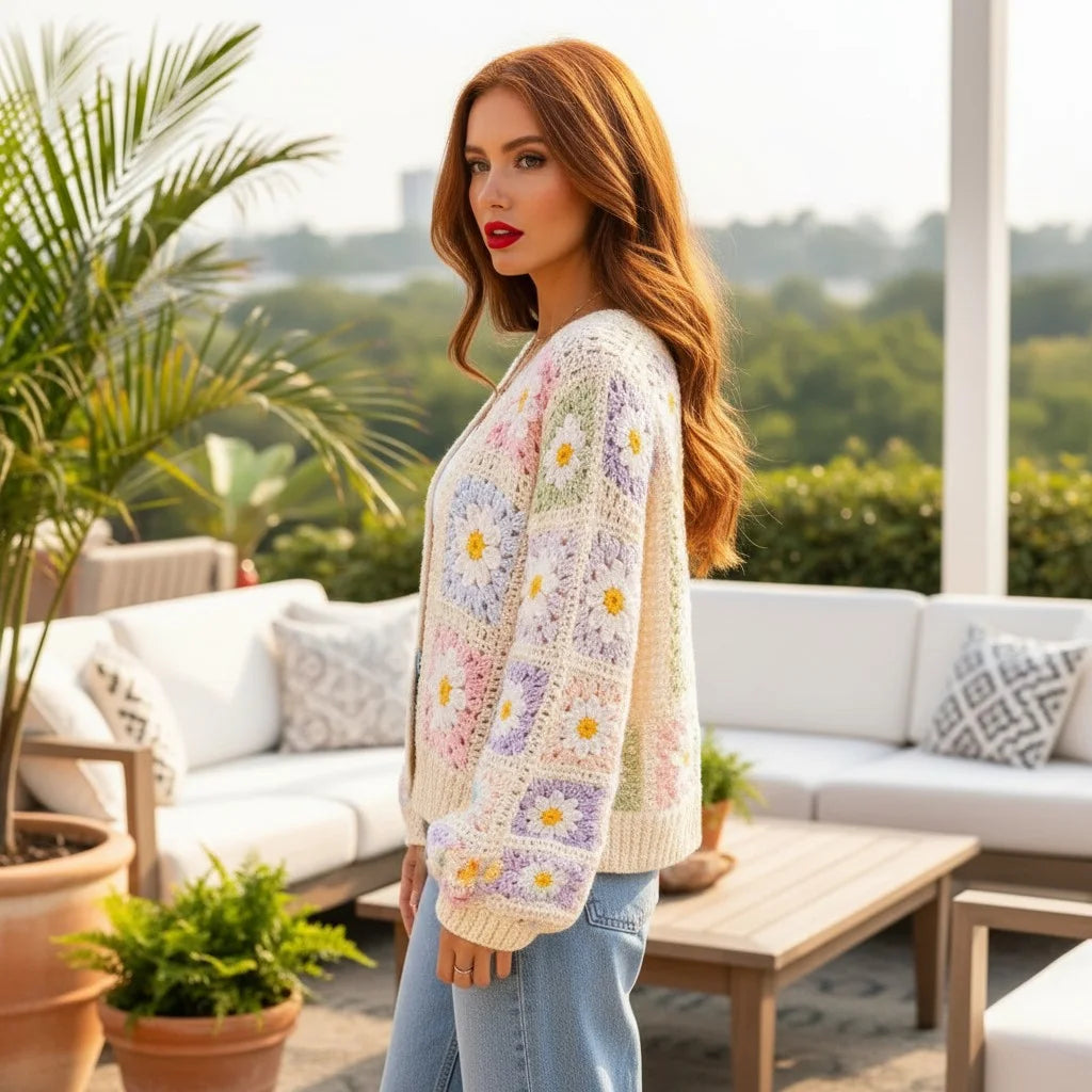Daisy crochet cardigan worn by a woman outdoors, featuring floral patterns and soft knit in a sunny setting.