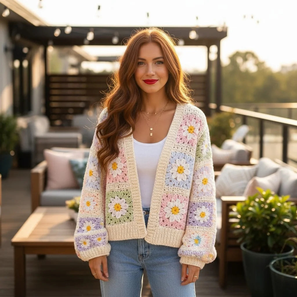 Daisy Crochet Cardigan – Women Handmade Floral Knit Sweater Outerwear