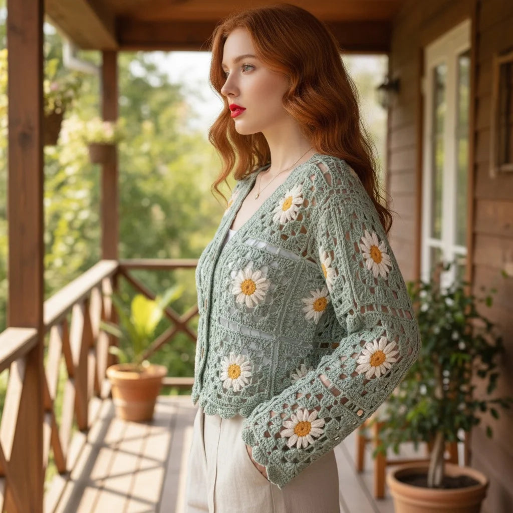 floral crochet cardigan daisy knit boho sweater women