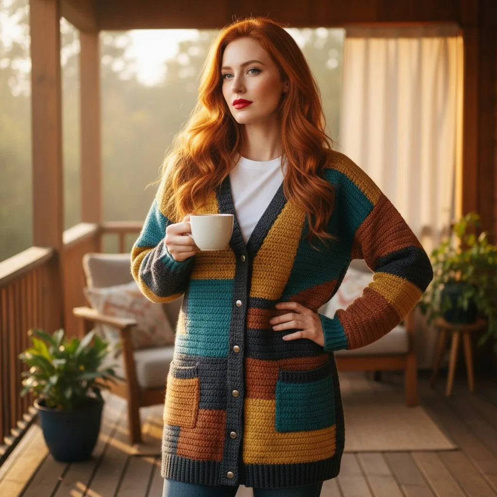 color block crochet cardigan oversized boho knit sweater women