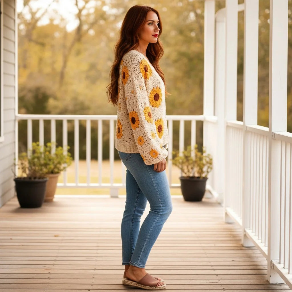 Side view of a woman wearing a crochet cardigan women with floral patterns, standing on a porch.