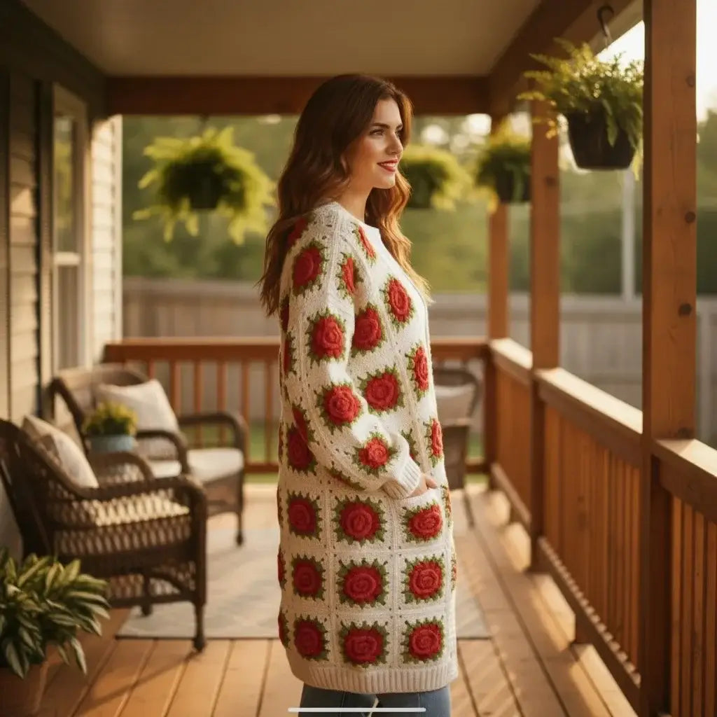 crochet cardigan women floral granny square long knit