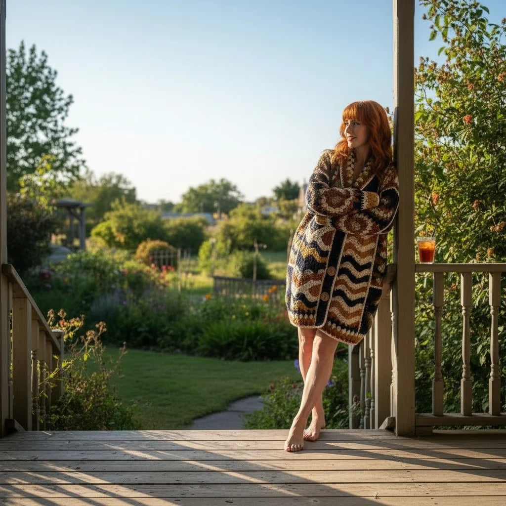 Woman wearing a crochet cardigan women with a boho pattern, standing on a porch in a garden.