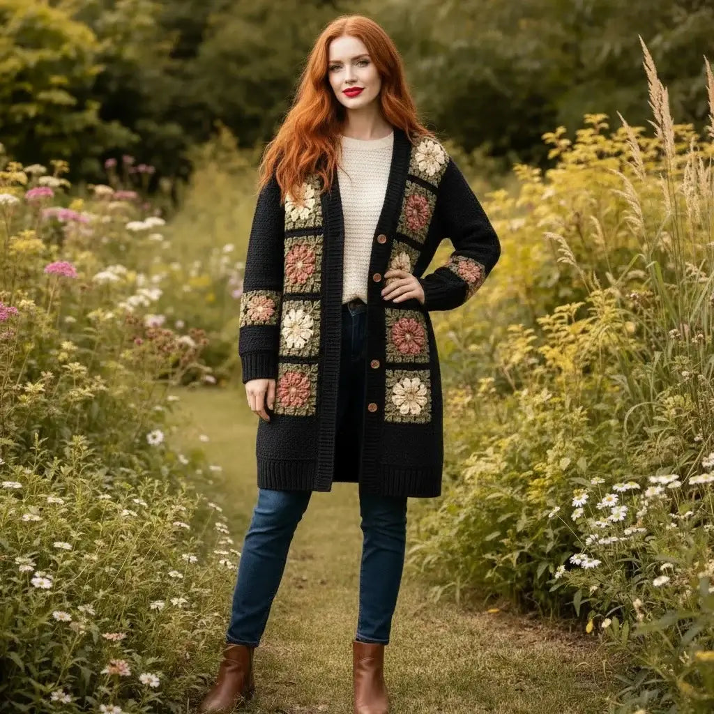 crochet cardigan women floral long boho knit sweater