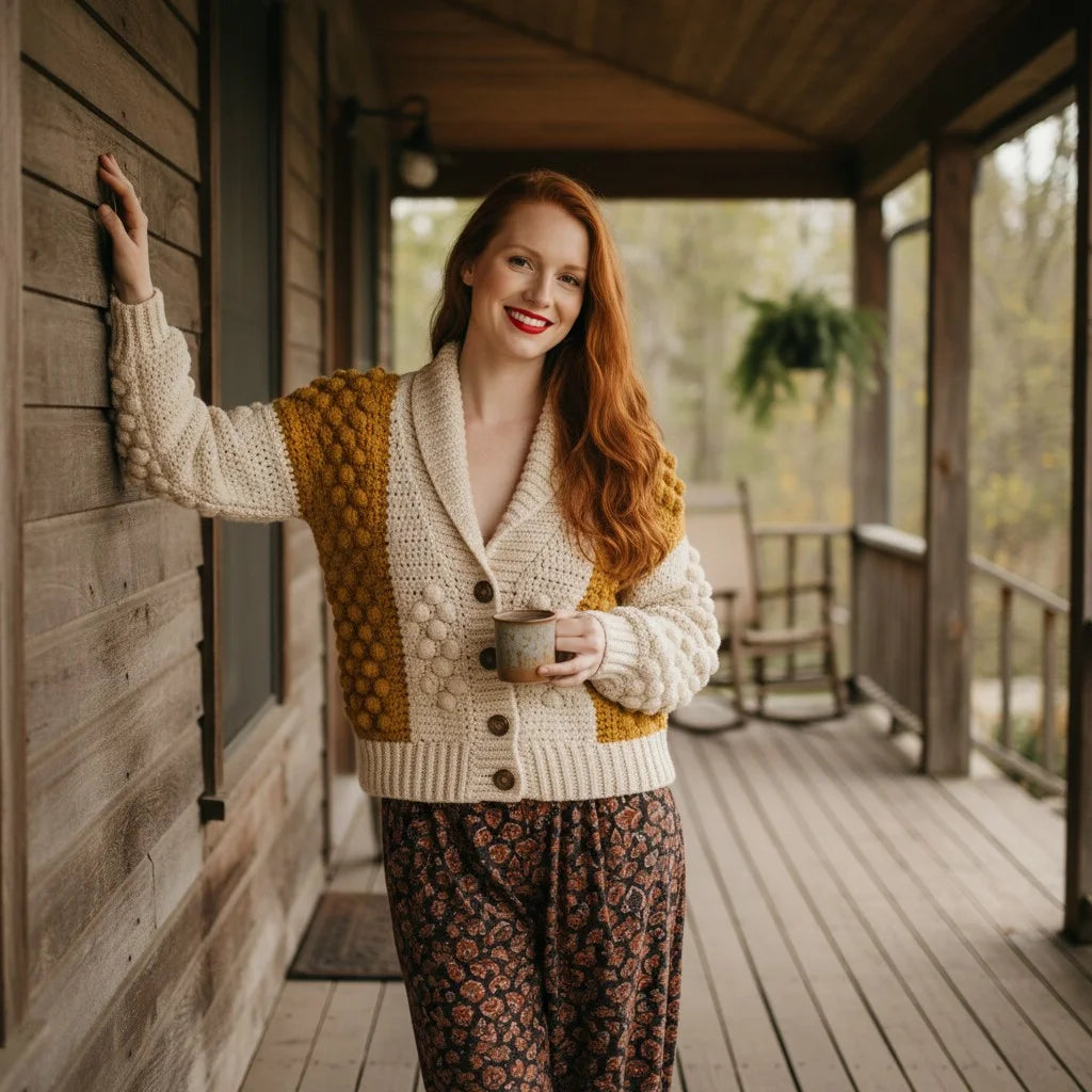 bobble knit crochet cardigan cozy boho sweater women