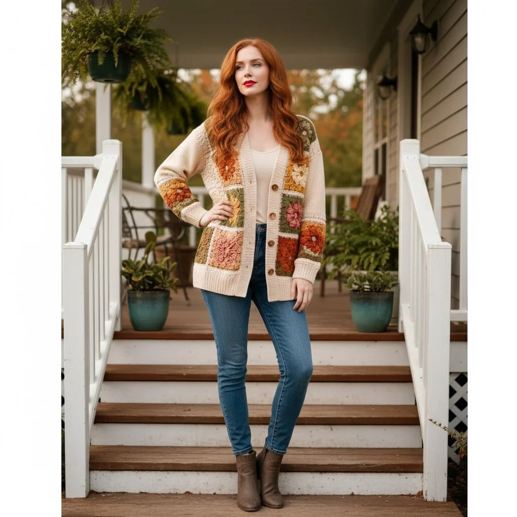 granny square cardigan floral crochet knit sweater women