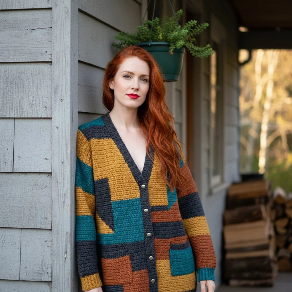 color block crochet cardigan oversized boho knit sweater women