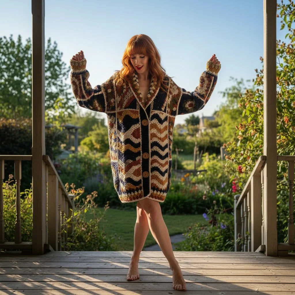 Crochet cardigan women wearing a boho oversized sweater in a garden setting with rich colors and unique patterns.