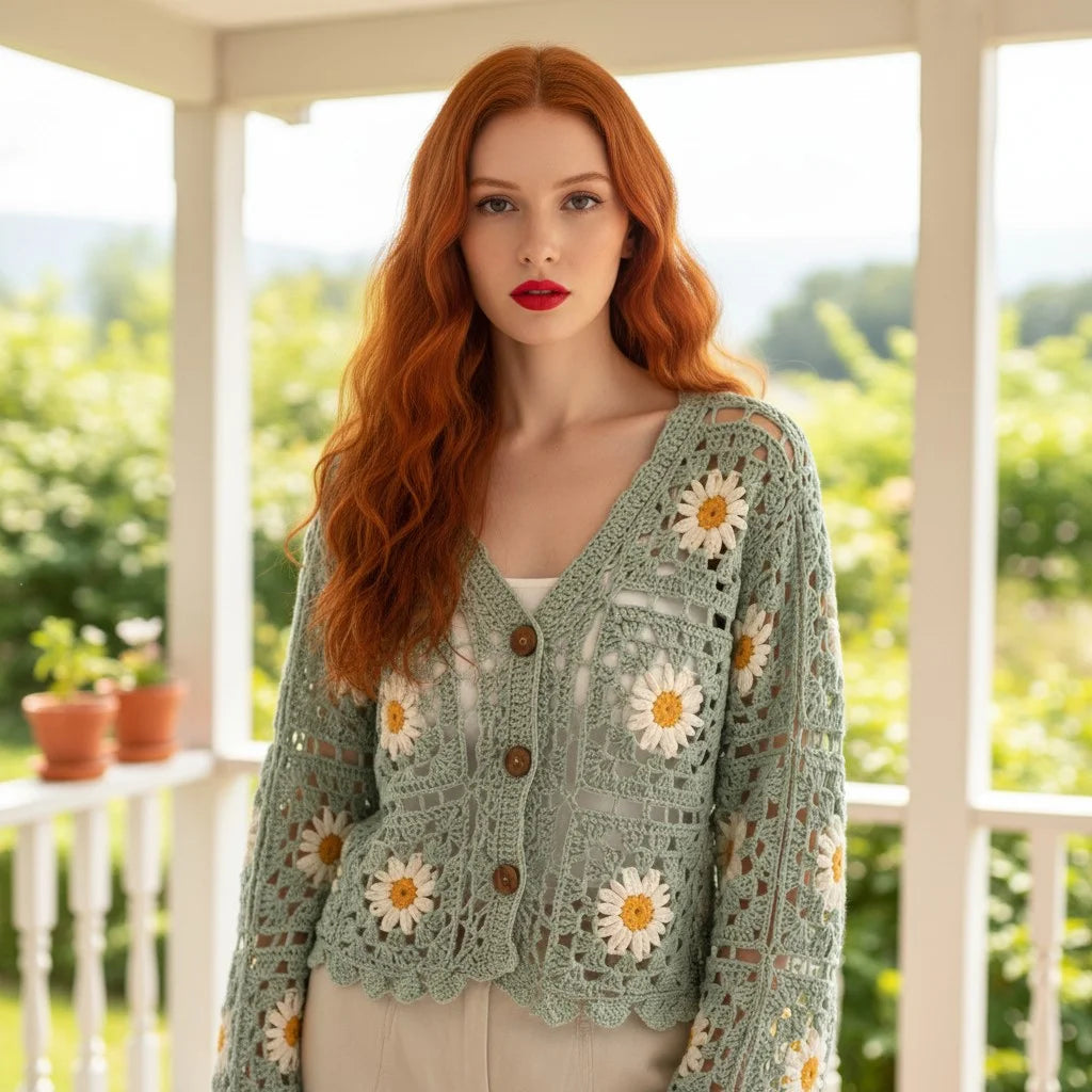 floral crochet cardigan daisy knit boho sweater women