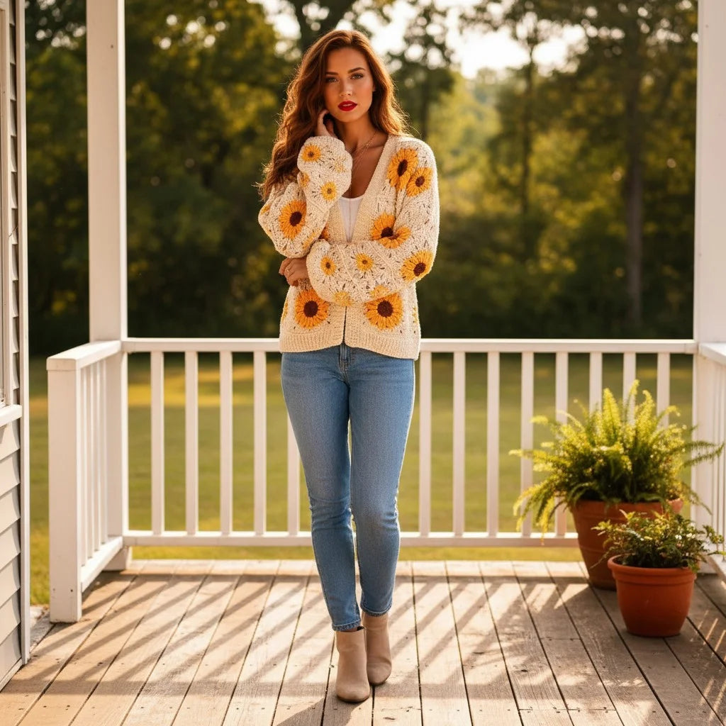 Crochet cardigan women with daisy floral patterns, perfect for a stylish boho outfit.