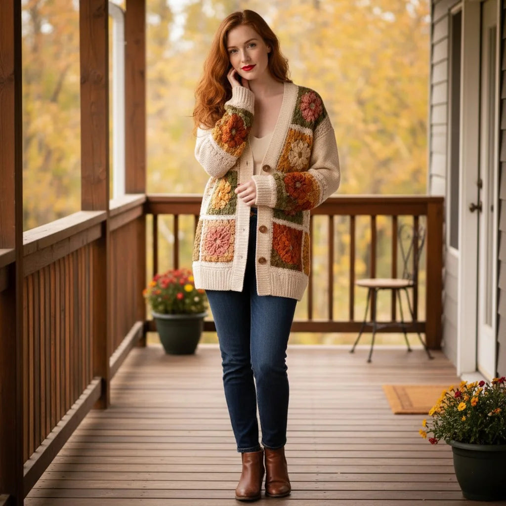 granny square cardigan floral crochet knit sweater women