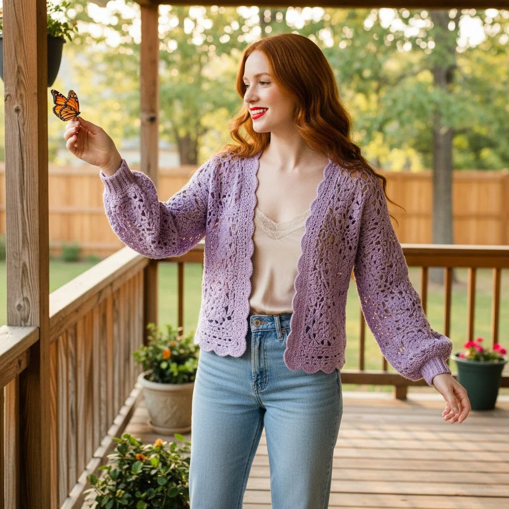 lavender crochet cardigan boho lace knit sweater women