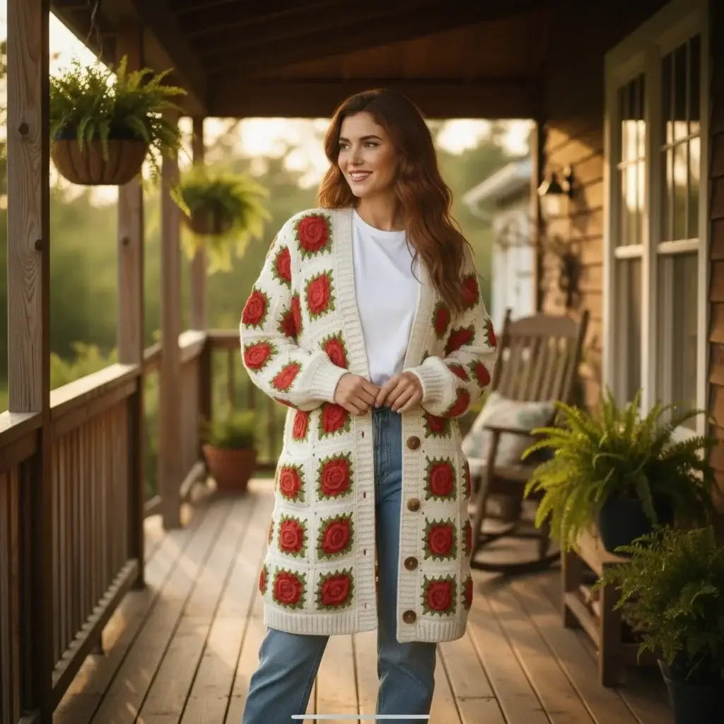 crochet cardigan women floral granny square long knit