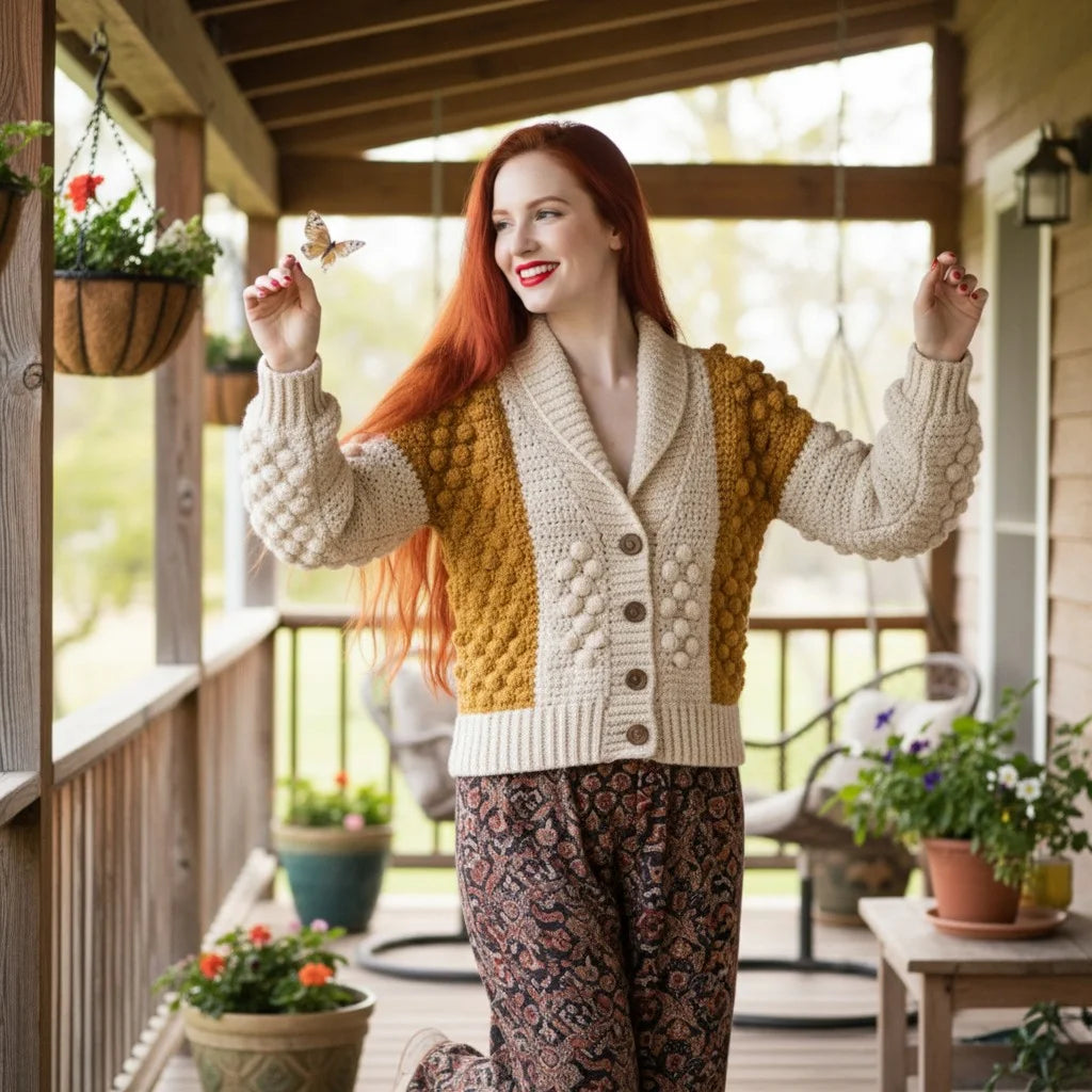 bobble knit crochet cardigan cozy boho sweater women