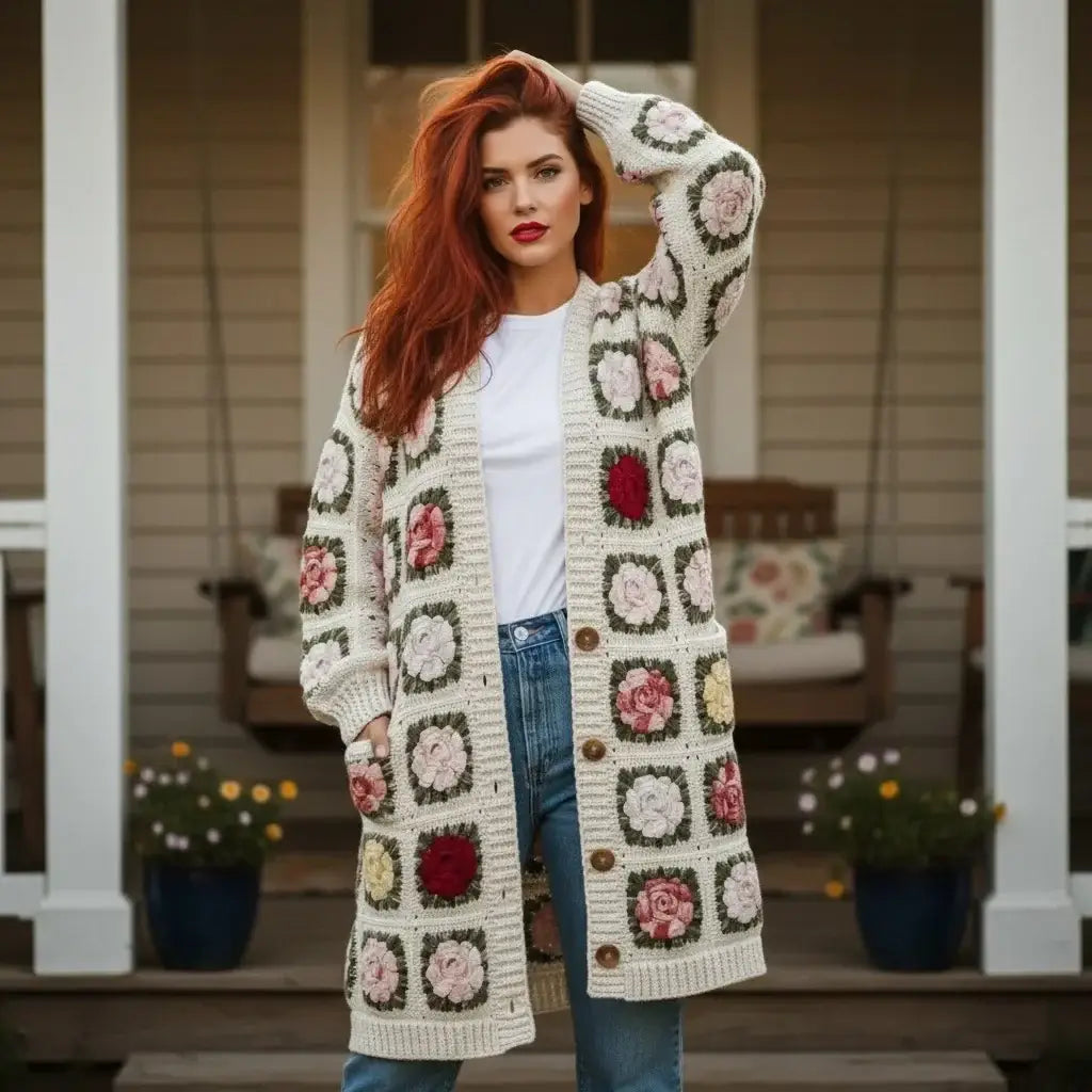 crochet cardigan women floral granny square long knit