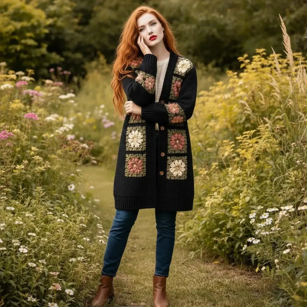 crochet cardigan women floral long boho knit sweater
