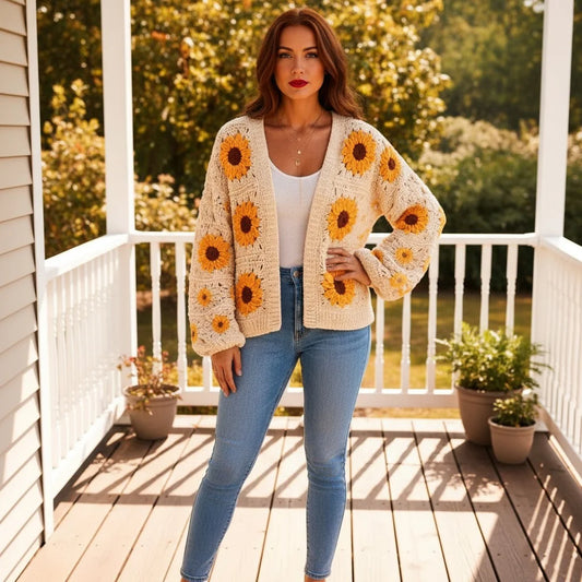 Crochet cardigan women featuring floral designs with sunflowers, worn by a woman on a porch.