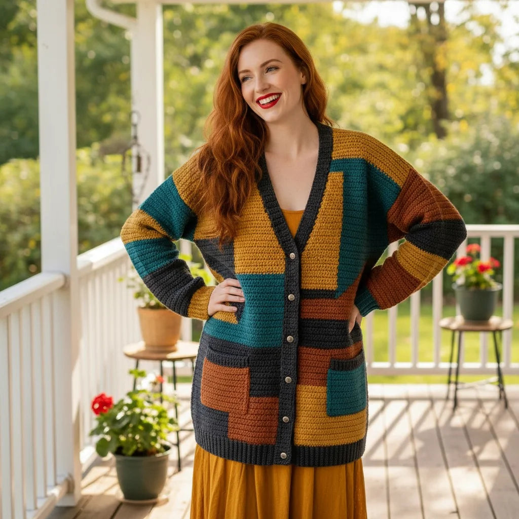 color block crochet cardigan oversized boho knit sweater women