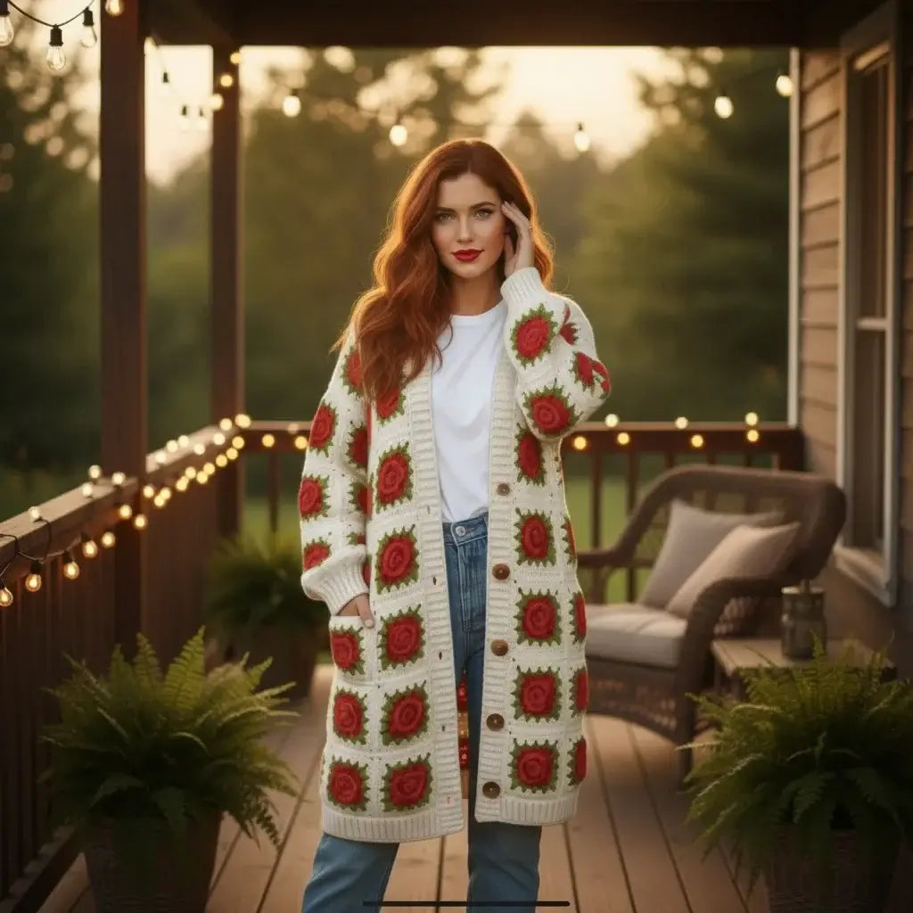 crochet cardigan women floral granny square long knit
