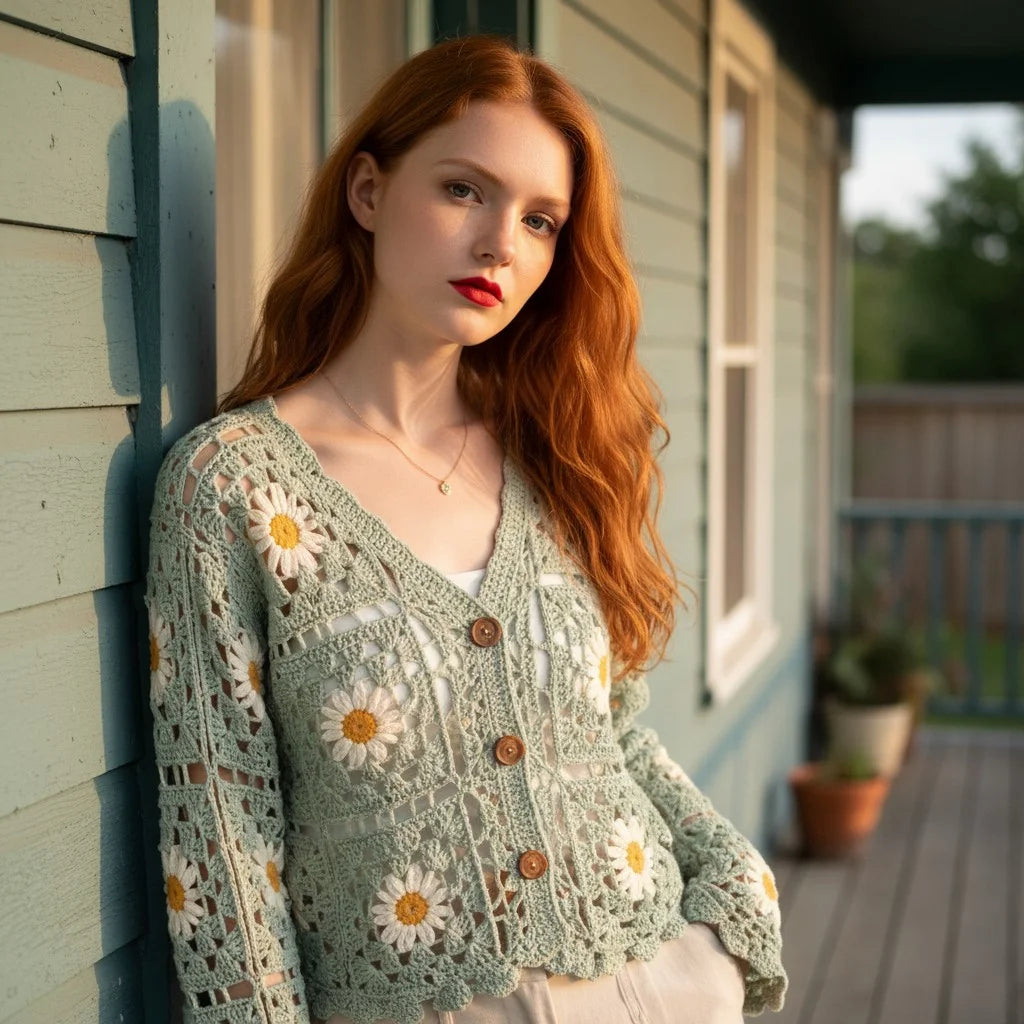 floral crochet cardigan daisy knit boho sweater women