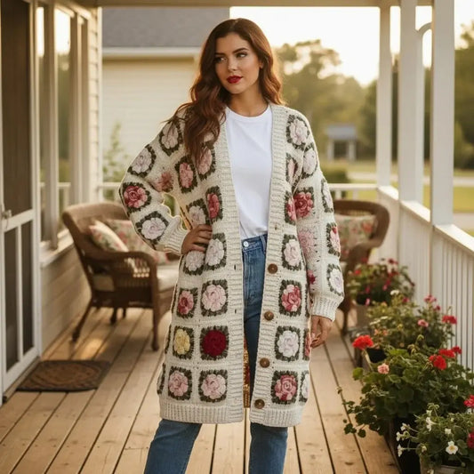 crochet cardigan women floral granny square long knit