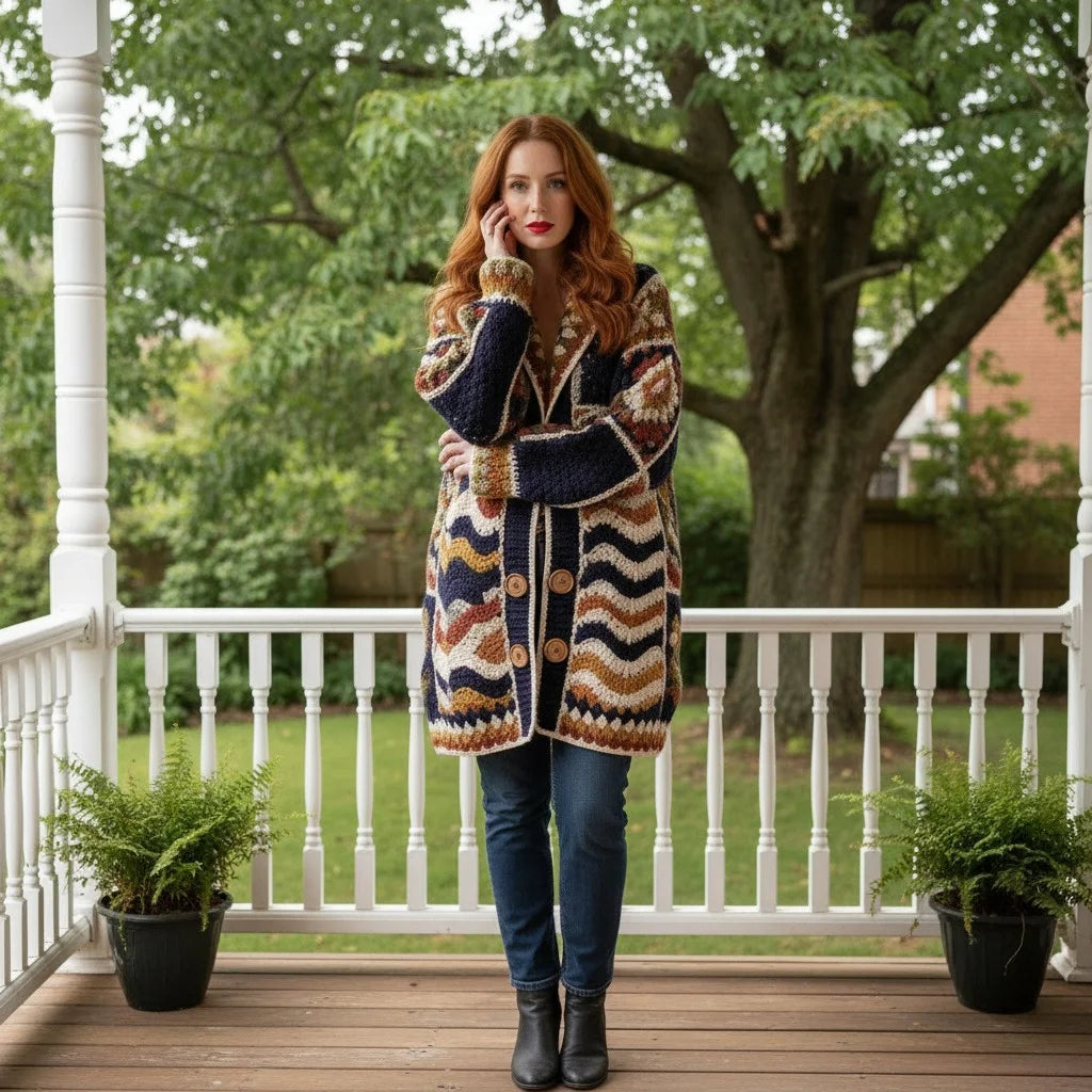 Model wearing crochet cardigan women with boho pattern on a porch surrounded by greenery.