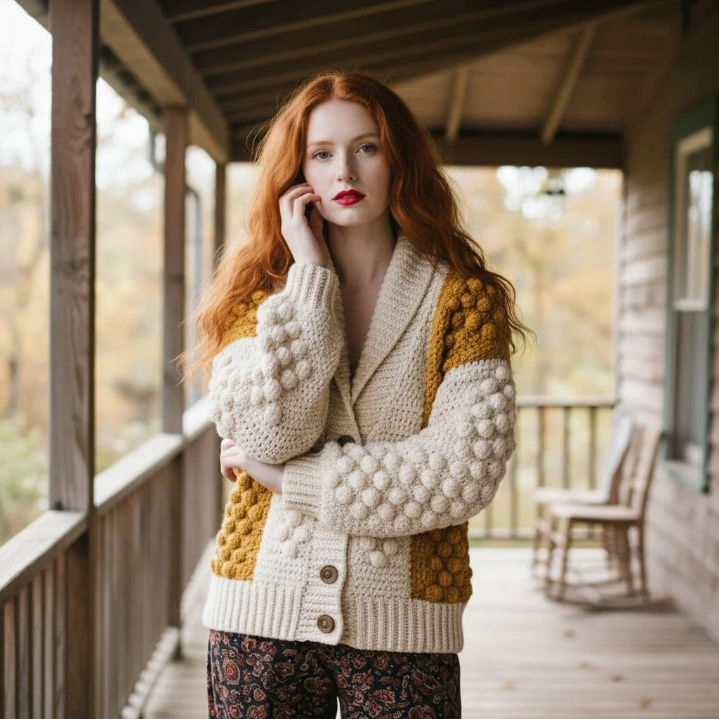 bobble knit crochet cardigan cozy boho sweater women