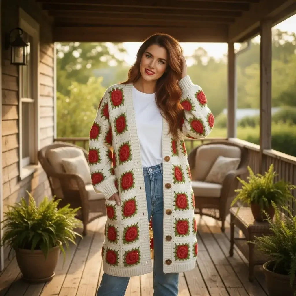 crochet cardigan women floral granny square long knit