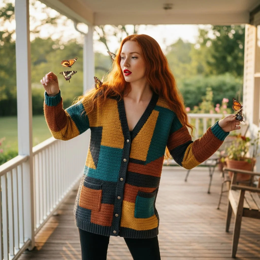 color block crochet cardigan oversized boho knit sweater women