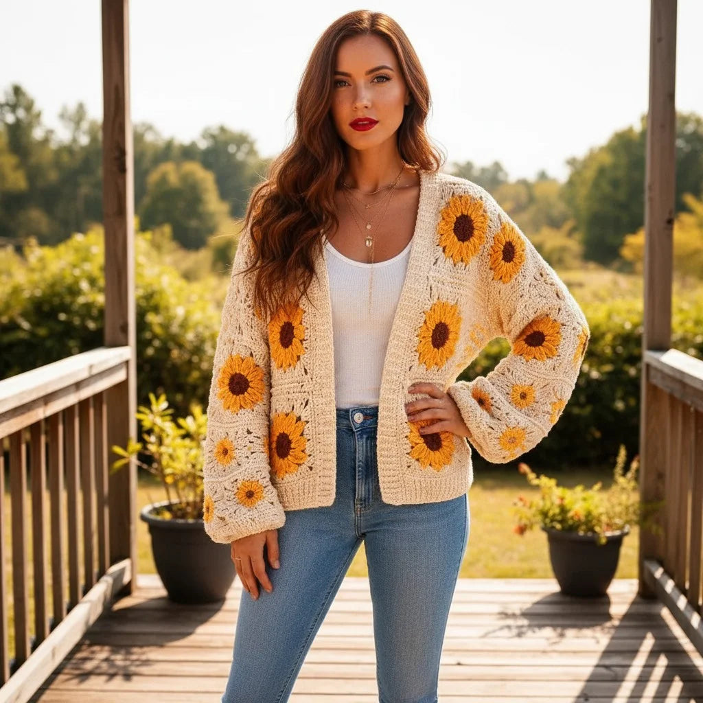 crochet cardigan women daisy floral boho knit